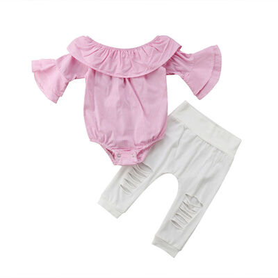 

SUNSIOM Newborn Infant Kid Baby Girl Top Romper Bodysuit Ripped Pants Outfit Clothes Set
