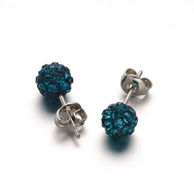 

Polymer Clay Rhinestone Ball Stud Earrings with Stainless Steel Stud Earring Findings Stainless Steel Color Blue Zircon 6mm P