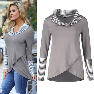 

Women Striped Print Turtleneck Colorblock Long Sleeve Summer Loose Casual Simple Wild T-Shirt