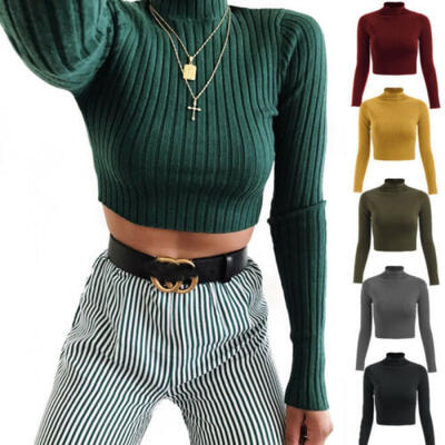 

Frauen Rollkragen Crop Tops Langarm Plain Short Stretch T-Shirts Lot