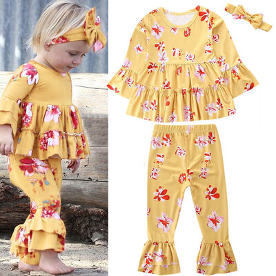 

Toddler Baby Girls Flower Print Long Sleeves TopsPantsHeadband Outfits Sets