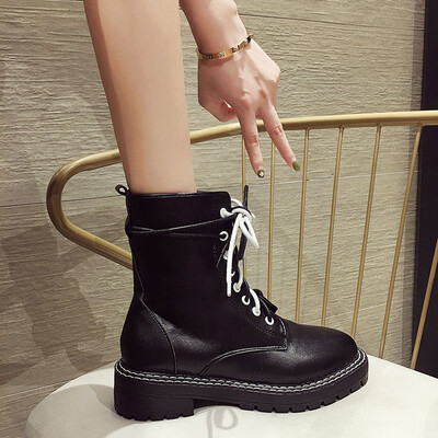 

Martins boots womens British autumn thick-heeled lace-up locomotive boots ulzzang side zipper boots