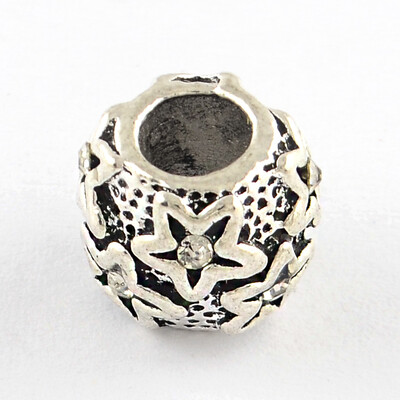 

Antique Silver Plated Star Pattern Barrel Metal Alloy Rhinestone European Beads Large Hole Beads Crystal 1011x10mm Hole 5mm