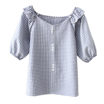 

V Neck Womens Shirt Short Sleeve Plaid Casual Blusa Feminina Sweet Cotton Female Ruffles Blouse Tops blusas mujer de moda 2019