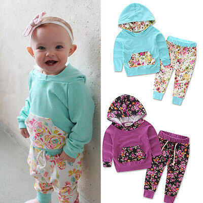 

2PCS Baby Girls Long Sleeve T-shirtFloral Pants Outfits Toddler Hooded Clothes