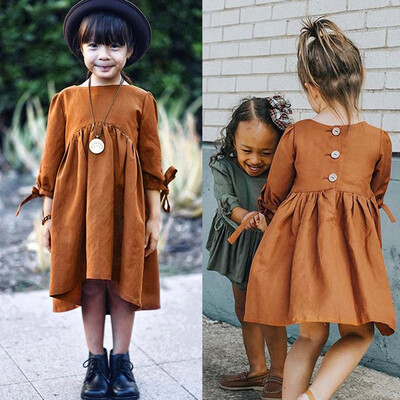 

Toddler Baby Girls Three Quarter Sleeve Dresses Solid Bow Dress Clothes