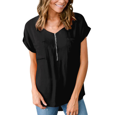 

Starmoon Womens Casual Zipper Stitching Solid Short Sleeve V Neck T-Shirt Tops Blouse