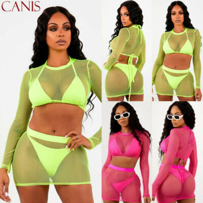 

Summer Women Mesh Bodycon Crop Tops Mini Skirt Dress Set Bikini Cover Up 2PCS US