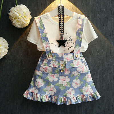 

Toddler Kids Baby Girls Outfits Clothes T-shirt TopsStrap Skirt Dress 2PCS Set