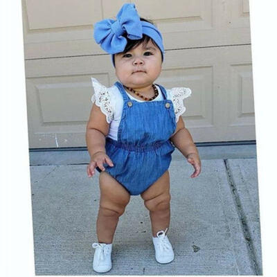 

UK Newborn Baby Girl Lace Cotton Top T-shirtDenim Romper Overalls OutfitS Set