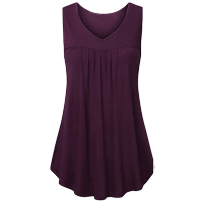 

Starmoon Womens Summer Solid Sleeveless V Neck T Shirts Blouse Pleats Tunic Tank Tops
