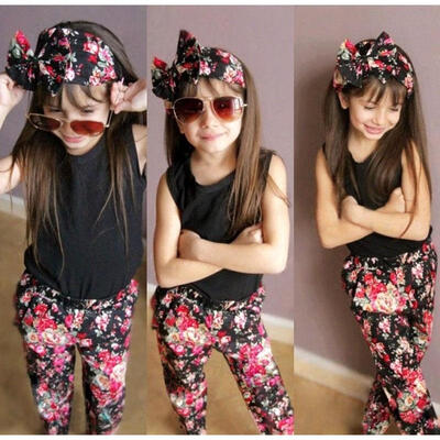 

3pcs Toddler Infant Girls Outfits HeadbandT-shi&ltwbr &gtrtFloral Pants Kids Summer Clothes Set