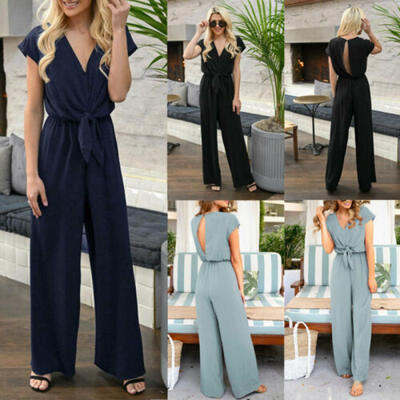 

Fashion Women Sleeveless Knot Wide Leg V-Neck Long Playsuit Jumpsuit