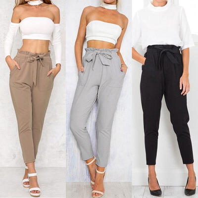 

Women High Waist Elastic Harem Pants Chffion OL Solid Pencil Trouser