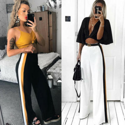 

Fashion Summer Women Casual High Waist Striped Wide Leg Long Pants Trousers Z