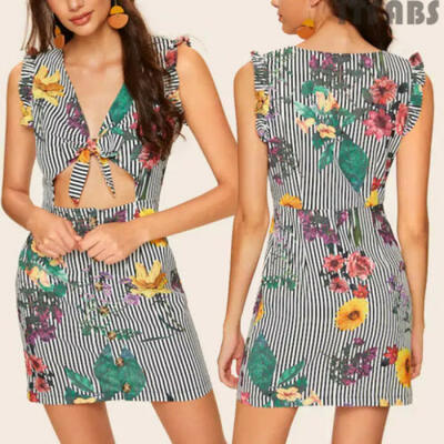 

Women Summer Vintage Chest tie button dress black stripe print Mini dress