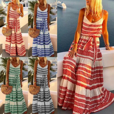 

US Women Boho Floral Long Maxi Dress Evening Party Beach Dresses Summer Sundress