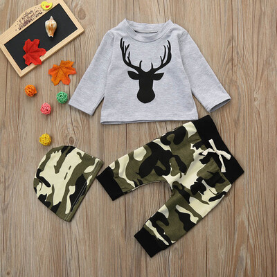 

Newborn Infant Baby Boy Deer T shirt TopsCamouflage Pants Hat 3Pcs Clothes Set