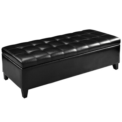 

51" Storage Ottoman Bench PU Leather Tufted Rectangular Footstool-Black