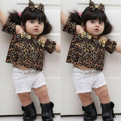 

US Toddler Kids Baby Girl Leopard Clothes Tops T-shirt Denim Shorts Pants Outfit