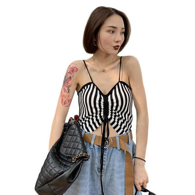 

Women Sleeveless Striped Sexy V-Neck Drawstring Summer Fashion Strap Vest