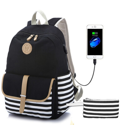 

Tailored 2PC Women Ladies Girl Striped Handbag Shoulder Backpack With USB Interface Bags