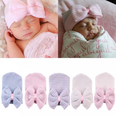 

Newborn Baby Girl Infant Colorful Striped Bow Cap Hospital Warm Soft Beanie Hat
