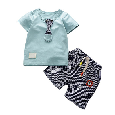 

Baby Boy Clothes Set Summer Tie T-shirt Tops Stripe Shorts Toddler Fashion Clothes Set