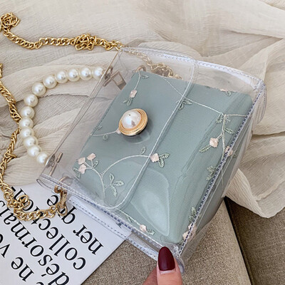 

Transparent jelly bag women 2019 new Korean Joker Messenger bag fashion portable Pearl chain bag