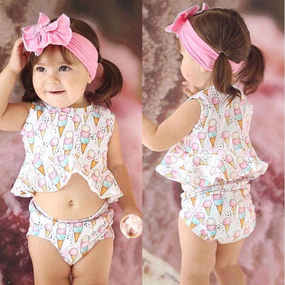 

Newborn Cute Floral Baby Girls Ice Cream Tops Shorts Briefs Headband Outfits Set Clothes