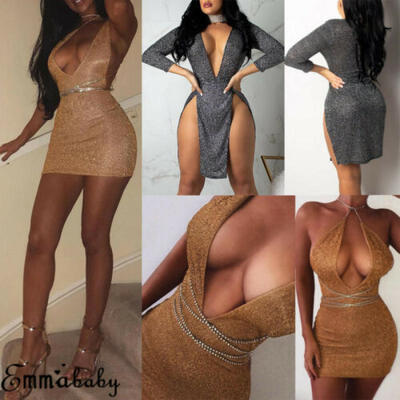 

Sexy Women Sleeveless Deep V-Neck Side Slit Sequin Party Bodycon Party Dress Hot