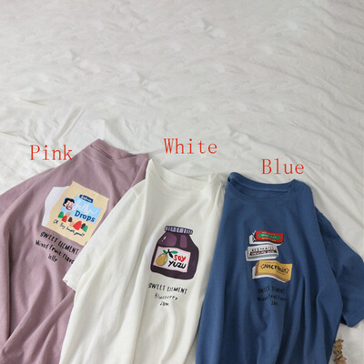 

Womens Casual Round Neck Cartoon & Letters Print Short Sleeve Loose Pullover T-Shirt