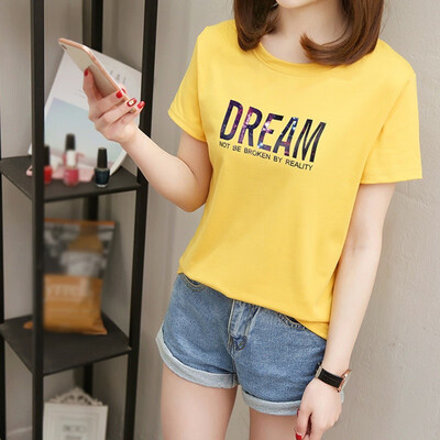 

Womens Casual Round Neck Letter Print Short Sleeve Loose Pullover Simple T-Shirt