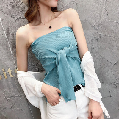 

Womens Solid Lace Up Strapless Stretch Knitted Wrap Top