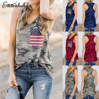 

Fashion Women Sexy Summer Sleeveless Vest Blouse July 4th Camoufalge Shirts Tank Tops