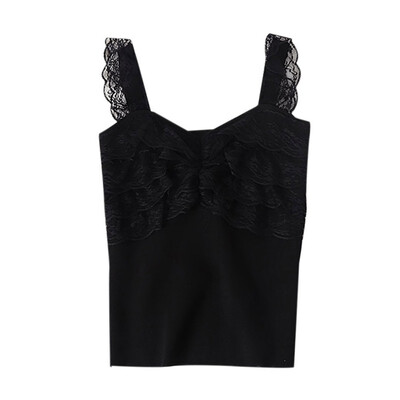 

Women Versatile Sleeveless Off Shoulder Slim Solid Color Sexy Lace Stitching Top