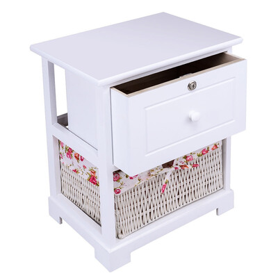 

2 Tiers 1 Drawer Bedside Wood Nightstand w Basket-White