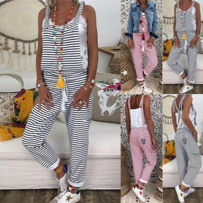 

Women Dungarees Harem Strap Pant Loose Jumpsuit Baggy Striped Trousers Overalls