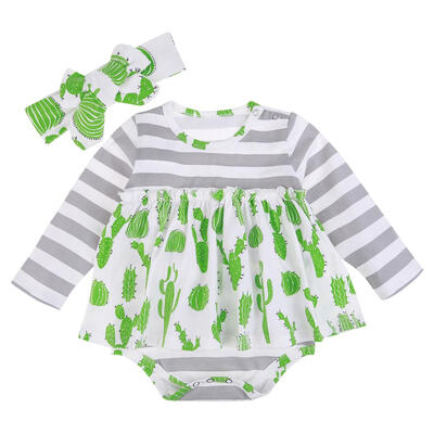 

Fashion Cactus Stripe 2pcs Baby Clothing Set Stitching Romper Headband Suit