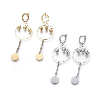 

304 Stainless Steel Dangle Stud Earrings with Rhinestone Flat Round Mixed Color 88mm Pin 07mm