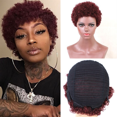 

〖Follure〗Red Wine Short Curly Wigs Real Human Hair Wig Sexy Black Women Wigs