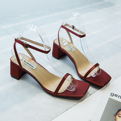 

One-word buckle sandals womens summer 2019 new red thick-heeled net red simple fairy wind girl high-heeled slippers
