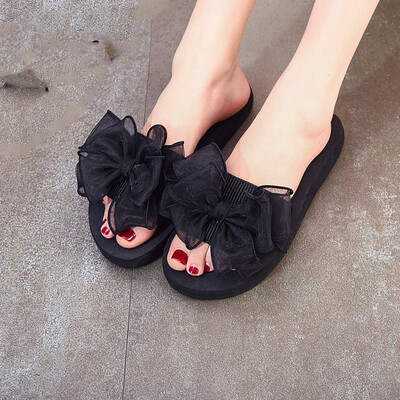 

Rose Women Summer Bow Flat-Bottomed Slip-On Wear Thick-Soled Beach Slippers