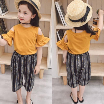 

Summer Kids Girl Clothes Off-shoulder Tops Striped Wide Leg Pants Outfits Clothes