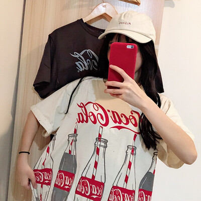 

Womens Round Neck Cartoon Coke Print Short Sleeve Long T-Shirt