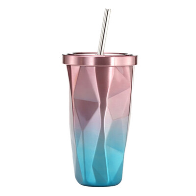 

Stainless Steel Water Cup With Straw Diamond Gradient Color Water Cup Household Large Capacity Cup