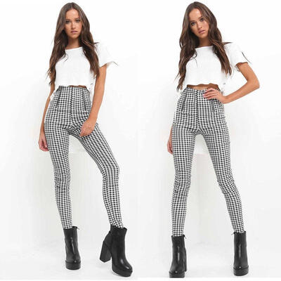 

2017 Black White Zip-up Plaid Sexy Pants Sweatpants Women Side Stripe Trousers