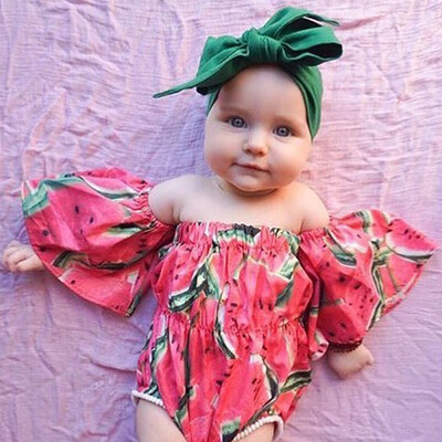 

Infant Baby Girl Kid Off Shoulder Printed Romper Headband Bodysuit Outfits Set