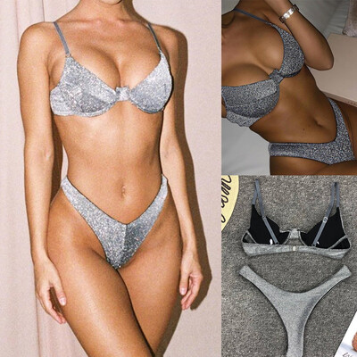 Saidsome Women Sexy Swimsuit Silver Silk Bikini Set Beachwear