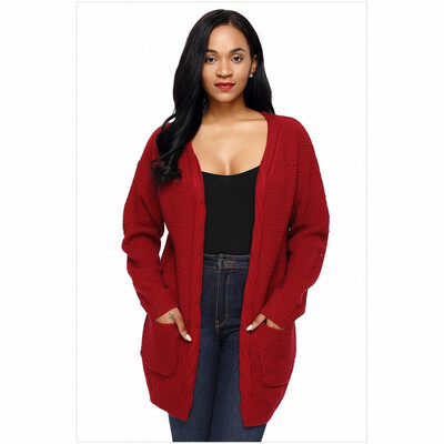 

Cardigan long-sleeved side pocket ribbed knit casual long sweater